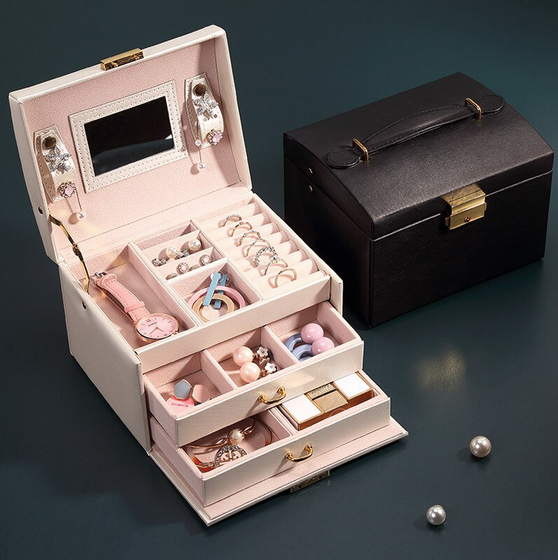PORTABLE 3 LAYERS JEWELRY BOX WITH LOCK AND MIRROR