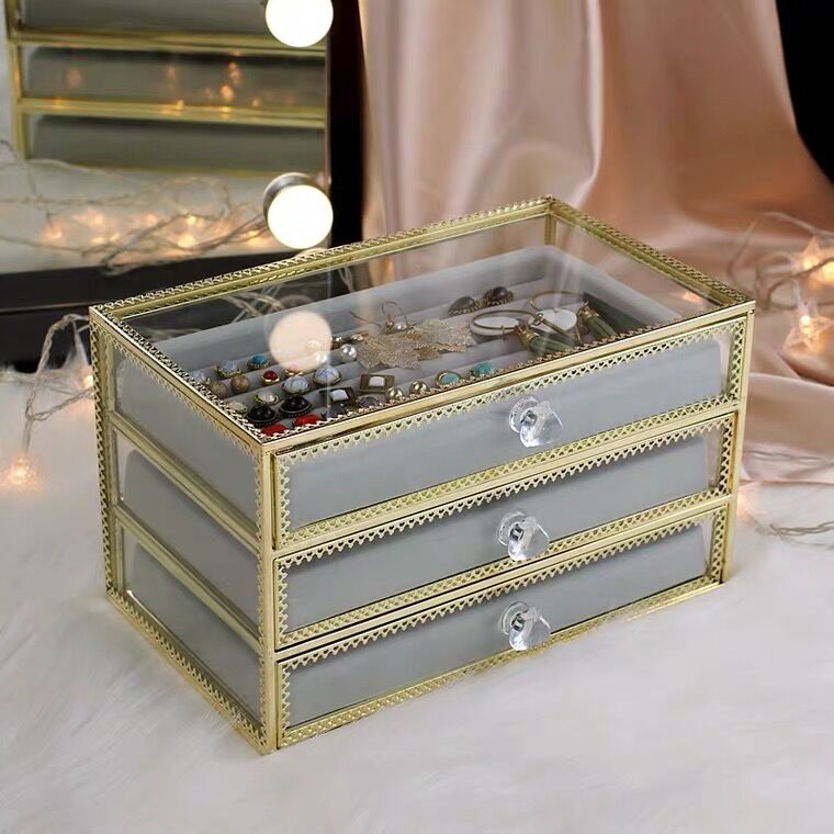 Metal glass jewelry cosmetics storage box with cream velvet tray 3 layers