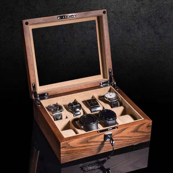 Wooden Watch Organizer 8 Slots With Glass Top, Locking Jewelry Watches Holder