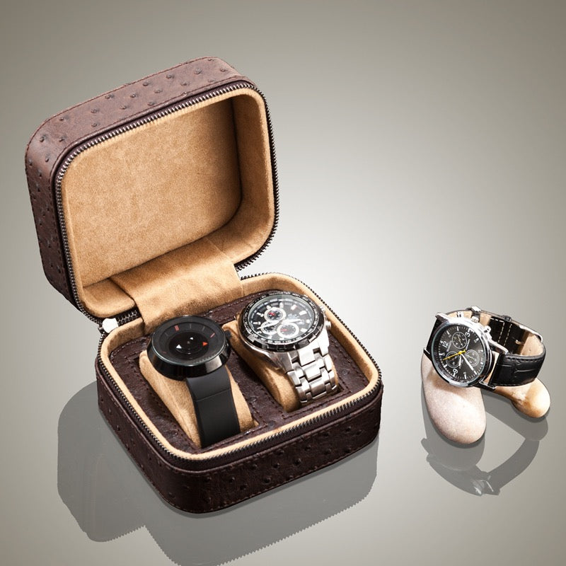 Portable leather Display Zippered Watch Box 2 Slots Travel Case Storage Organizer - Nillishome