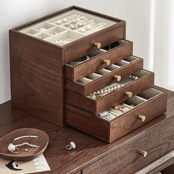 5 Layers Walnut Wood Jewelry Box with Glass Top