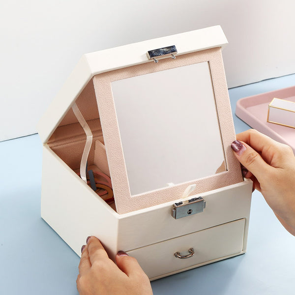 2 Layers Large Mirror Jewelry box with lock - Nillishome