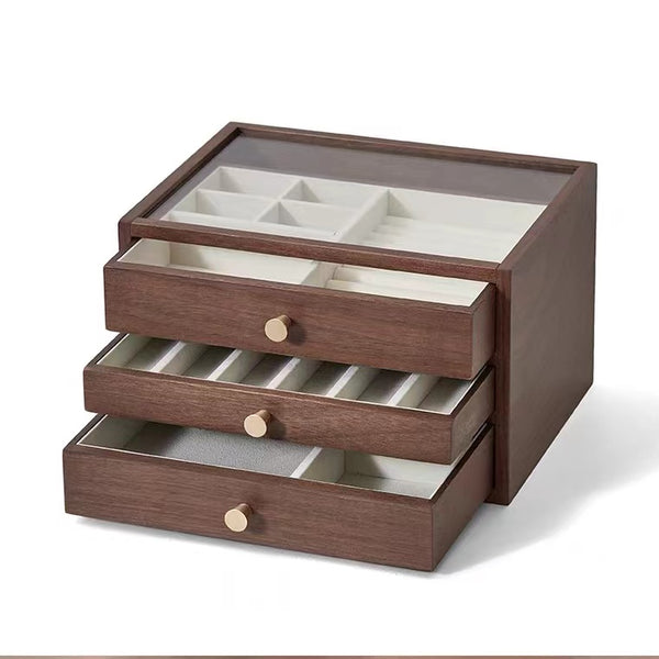 3 Layers Walnut Jewelry Box with Glass Lid