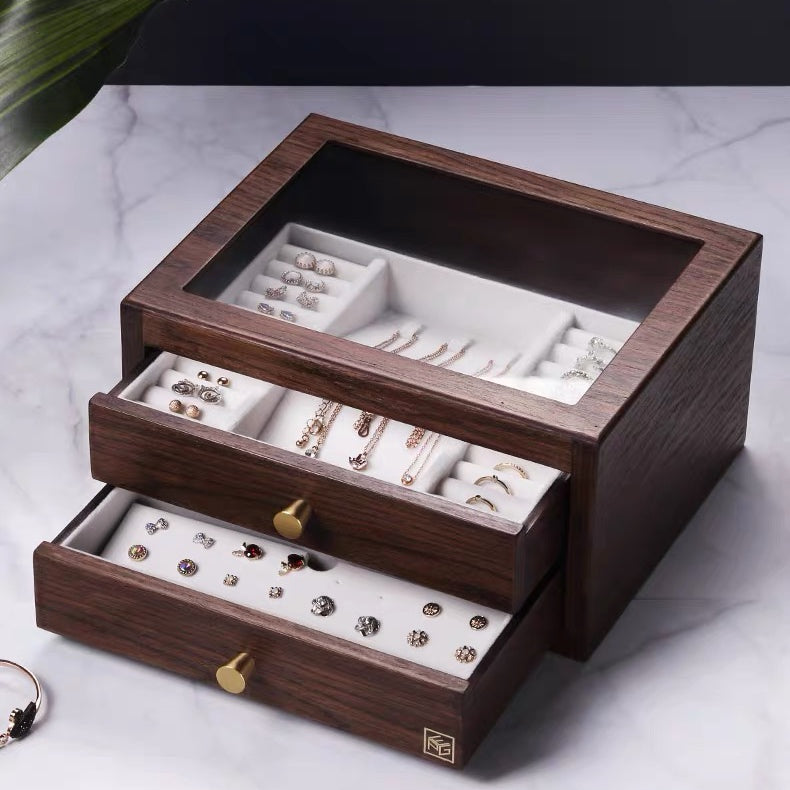 2 Drawers Jewelry Box with Glass Lid - Nillishome