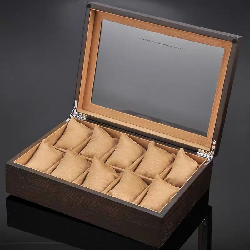 Wooden Watch Organizer 10 Slots  Large Glass Top .Jewelry Storage Case - Nillishome