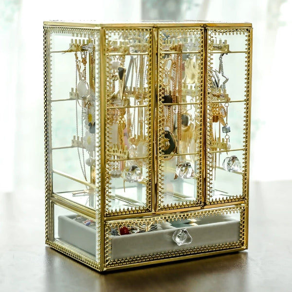 GLASS JEWELRY BOX WITH THREE CLOSET FOR NECKLACE EARRINGS RINGS – Nillishome