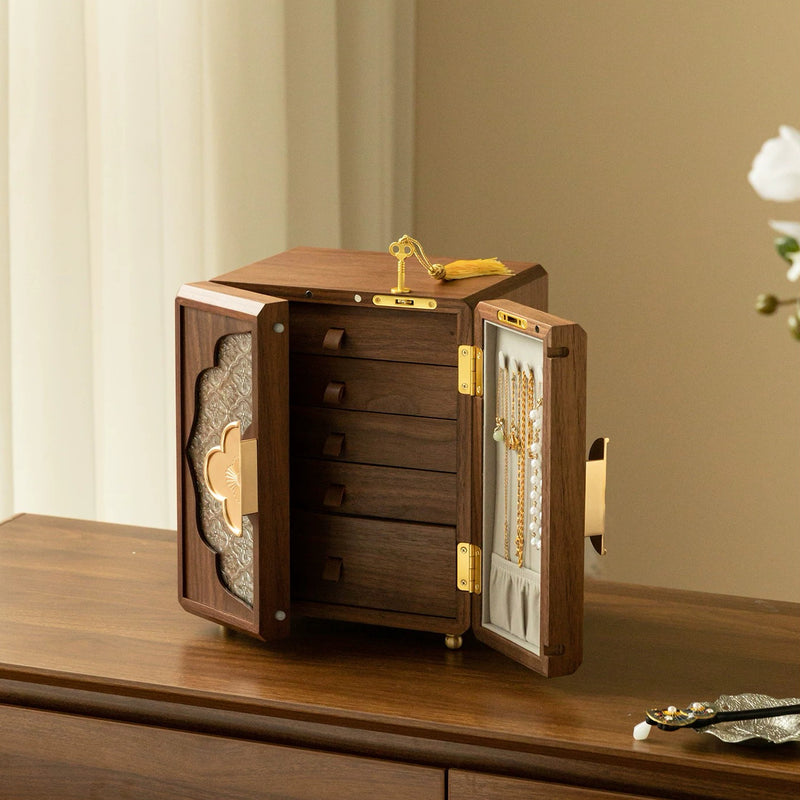 Vintage Four-Leaf Clover Five-Layer Black Walnut Jewelry Box