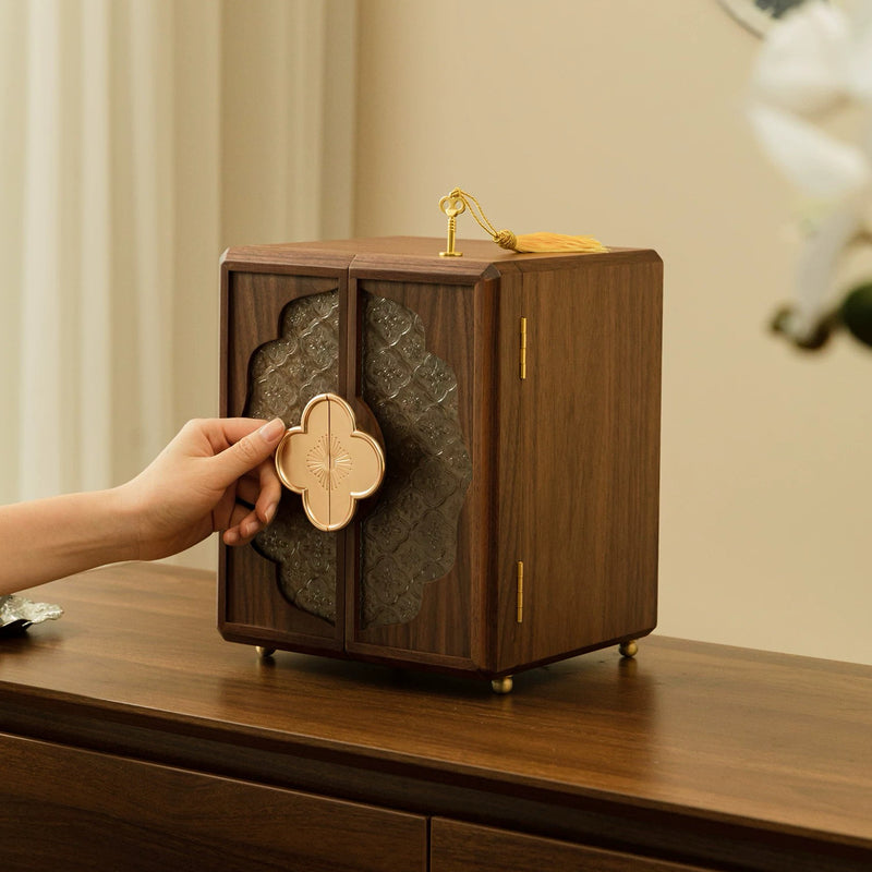 Vintage Four-Leaf Clover Five-Layer Black Walnut Jewelry Box