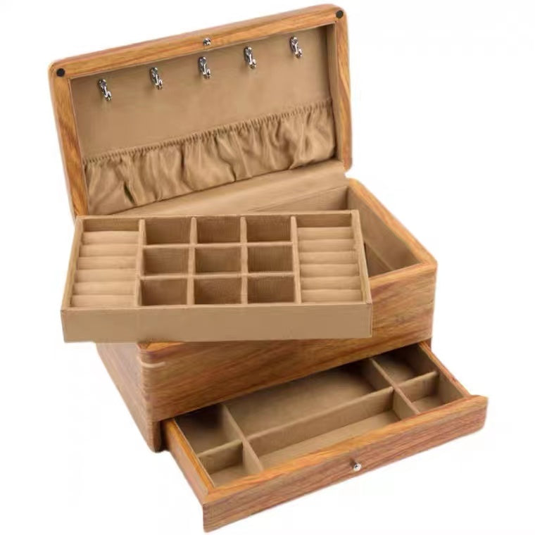 Vintage Rosewood solid wood three-layer jewelry box organizer