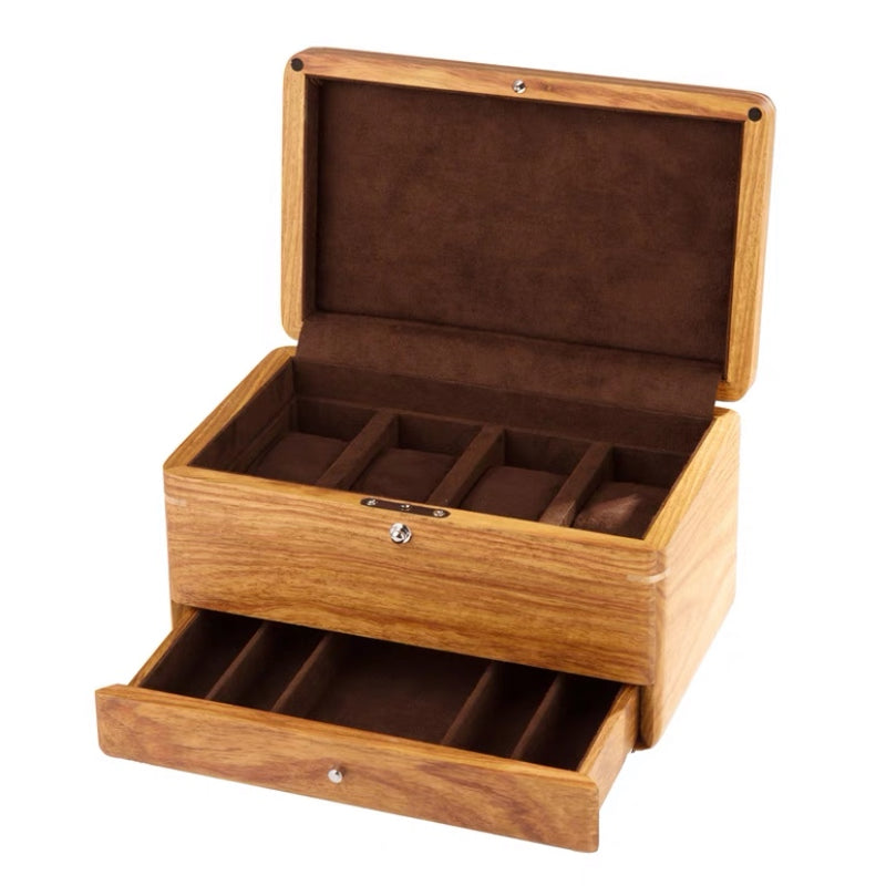 2 Layers Rosewood Solid Wooden 4 Slots Watch Box and Jewelry Box Storage Organizer