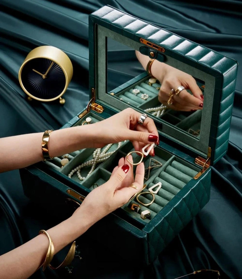 leather Large Size jewelry box with lock jewelry organizer with French Seam