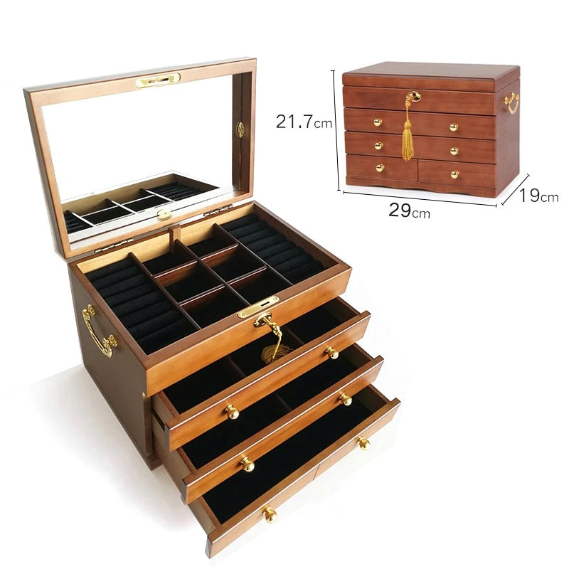 Large Wooden 4 Layers Jewelry Box,Built-in Mirror and Lock - Nillishome