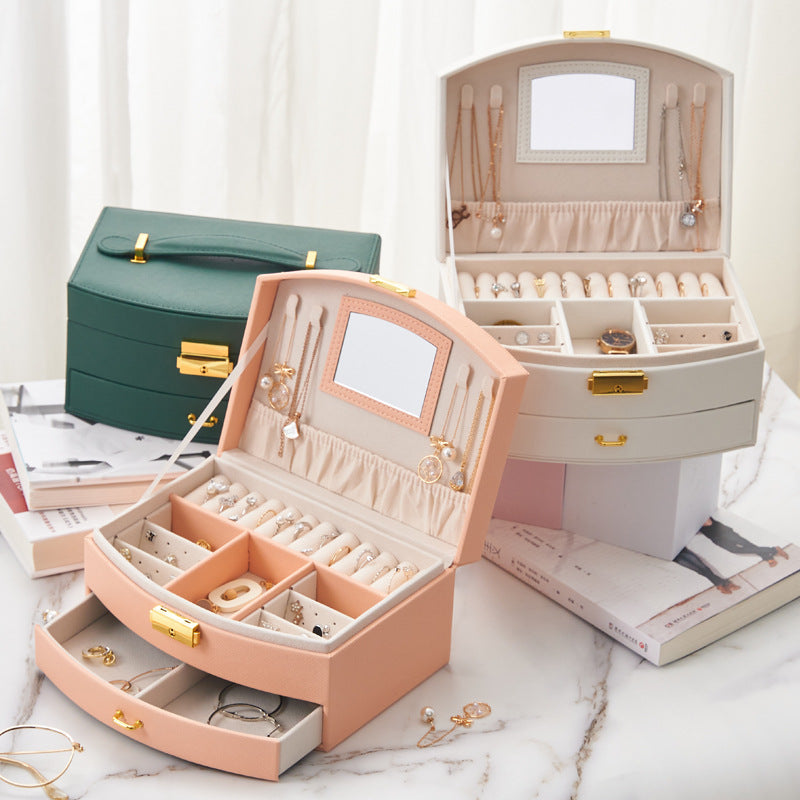 Double Layer Jewelry Storage Box With Mirror . High Capacity Drawer Type Jewelry Organizer