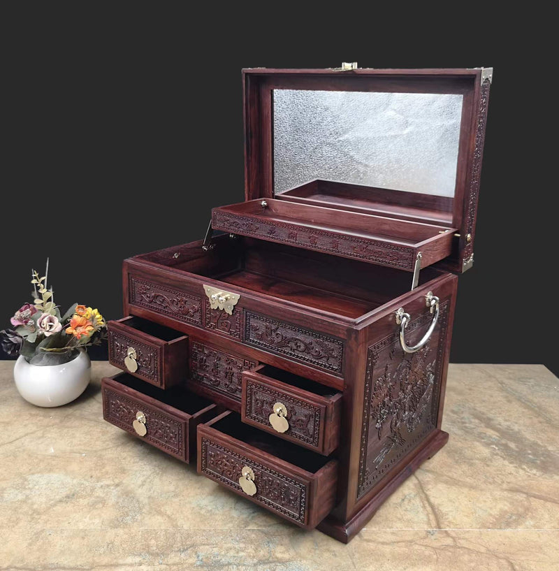 Hand Carved Red Sandalwood 4 Layers Jewelry Wooden Box Organizer  With A Key Lock