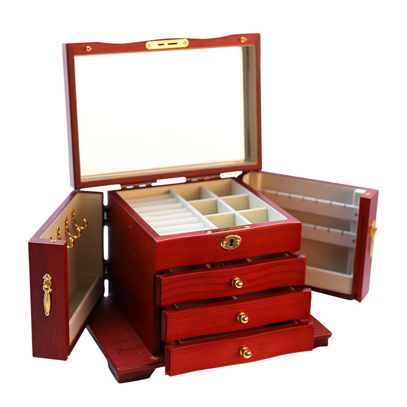 Hardwood Large Wooden Jewelry Box Organizer with Mirror and Lock - Nillishome