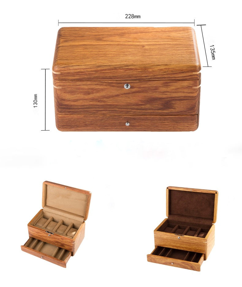 2 Layers Rosewood Solid Wooden 4 Slots Watch Box and Jewelry Box Storage Organizer