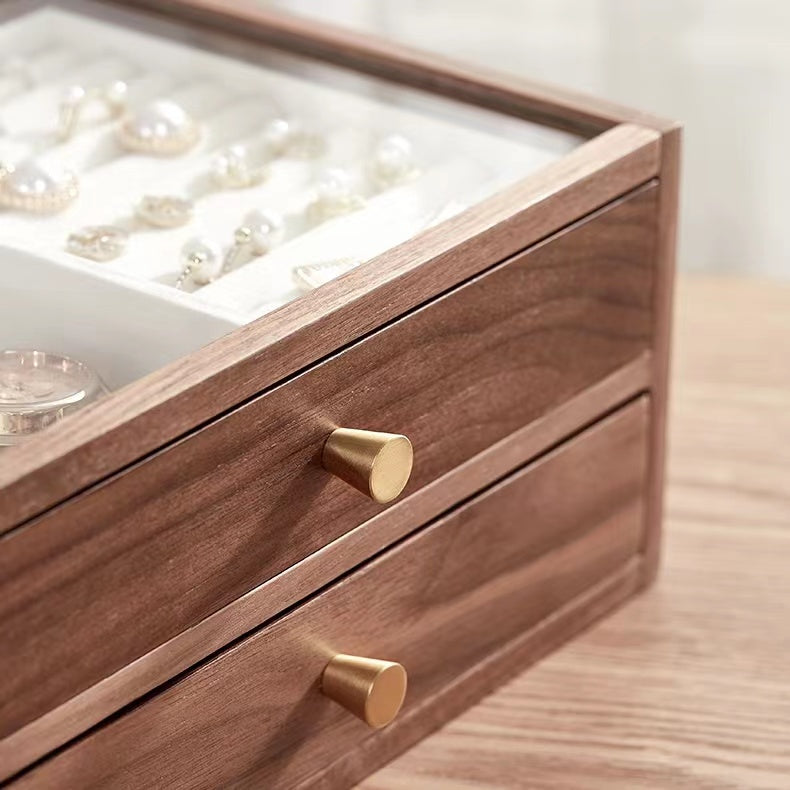 Walnut Jewelry Box Organizer with 2 Drawers and Transparent Glass Lid