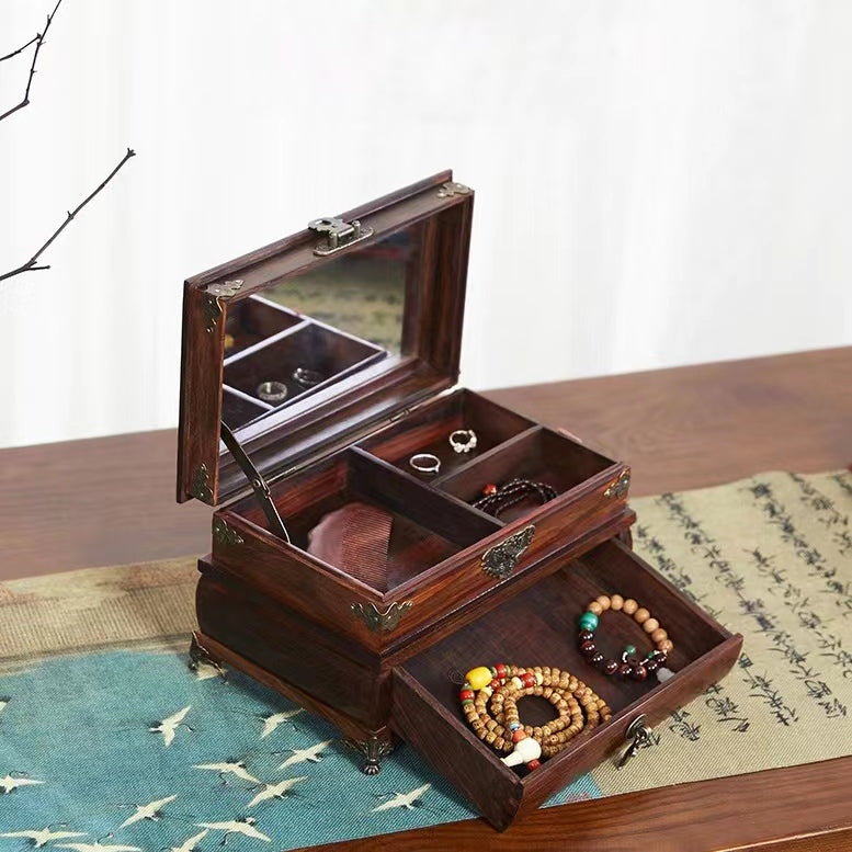 Hand Carved Sandalwood Jewelry Wooden Box Organizer  With Drawer