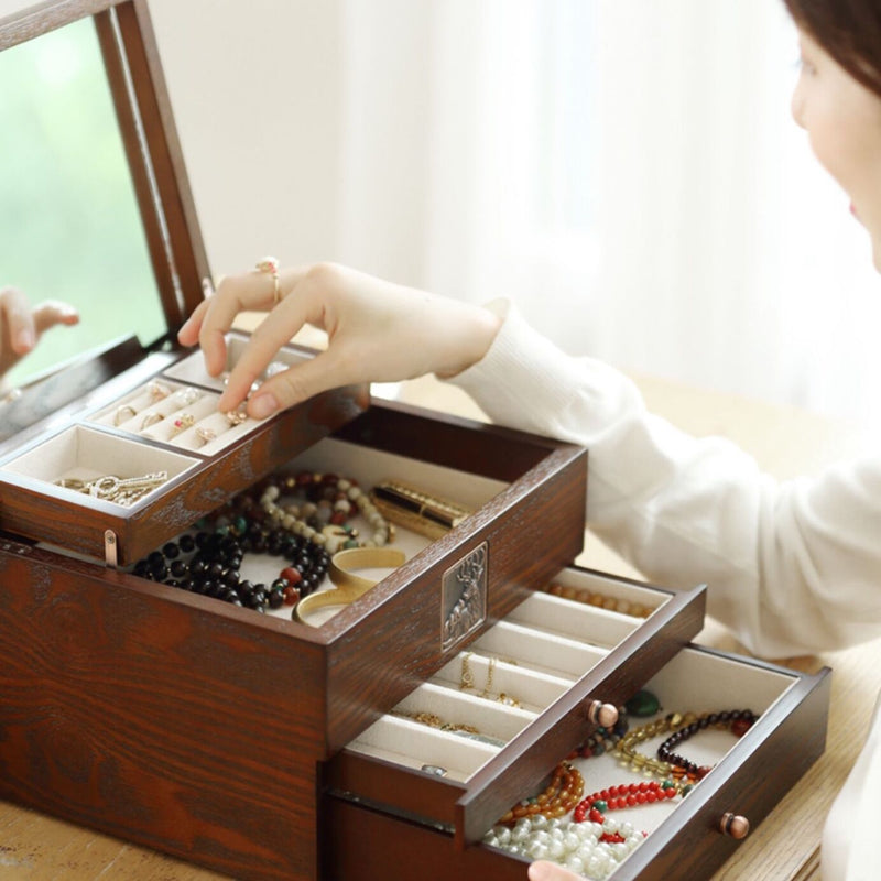 Life Style 4 Layers Wooden Jewelry Box Drawer Type Jewelry Organizer With Mirror - Nillishome