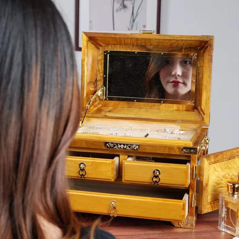 Gold-Rimmed Nanmu Wood 3 Layers Jewelry Organizer Box