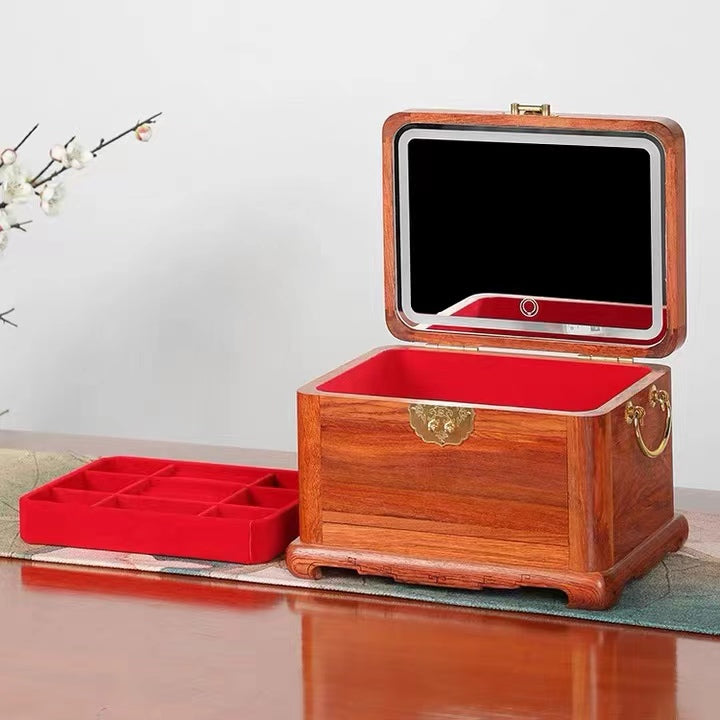 Hand Carved Rosewood Jewelry Box Organizer With Touch Screen LED Light Mirrored. 3 Colors Dimmable Light