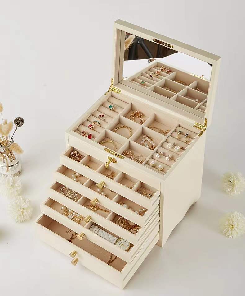 Large Wooden 6 Layers & 4 Layers Jewelry Box, Built-in Mirror and Lock
