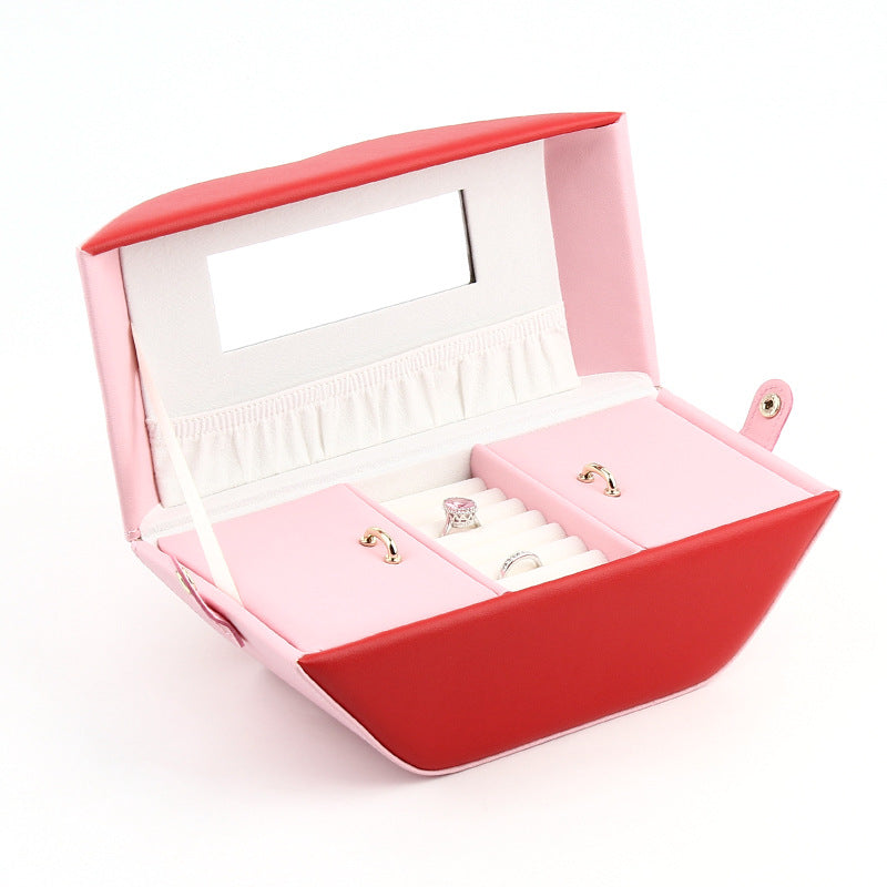 Red Lip Shape Jewelry Box Jewelry Organizer With Mirror - Nillishome