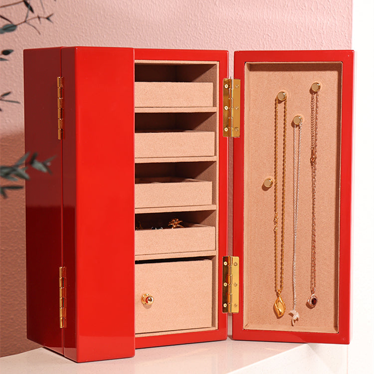 Double Door Design Solid Wood Piano Paint Jewelry Box Organizer With 5 Drawers