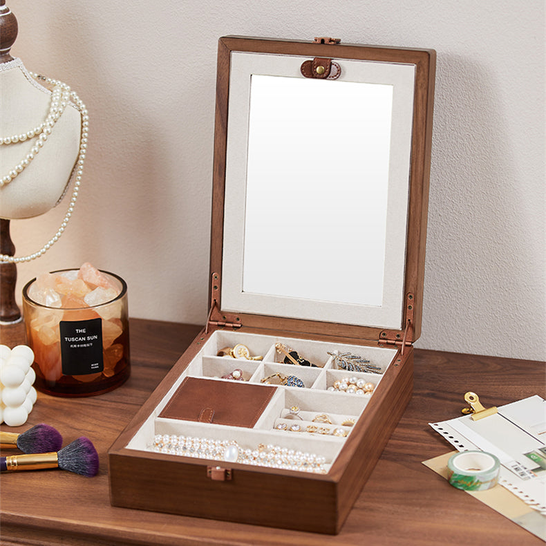 The Hand Embossed Design Walnut Wood Jewelry Box Organizer With Mirror