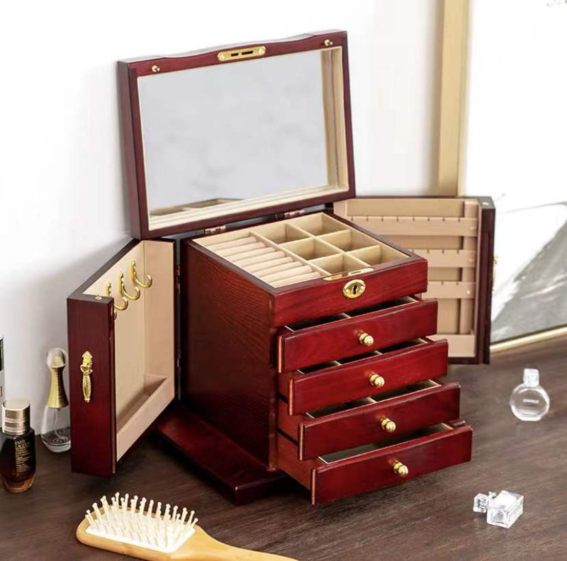 Hardwood Large Wooden Jewelry Box Organizer with Mirror and Lock. Swing-Out Sides Jewelry Box