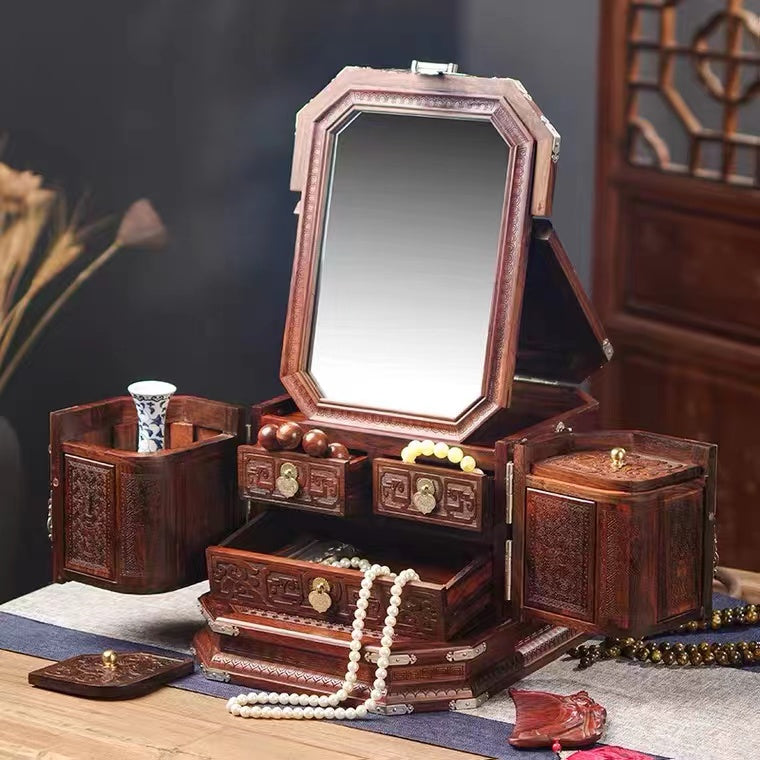Hand Carved Large Size Sandalwood Jewelry Wooden Box Organizer Dresser With Mirror