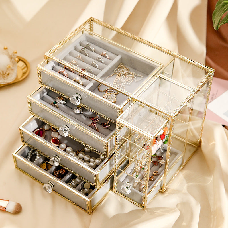 Glass Mirrored 4 Drawers Gold Jewelry Storage Box Vintage Metal Edge J –  Nillishome