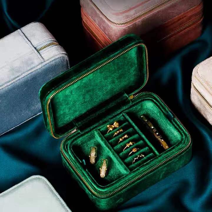 Portable Double Velvet Jewelry Organizer Bag Travel Jewelry Storage With Zipper