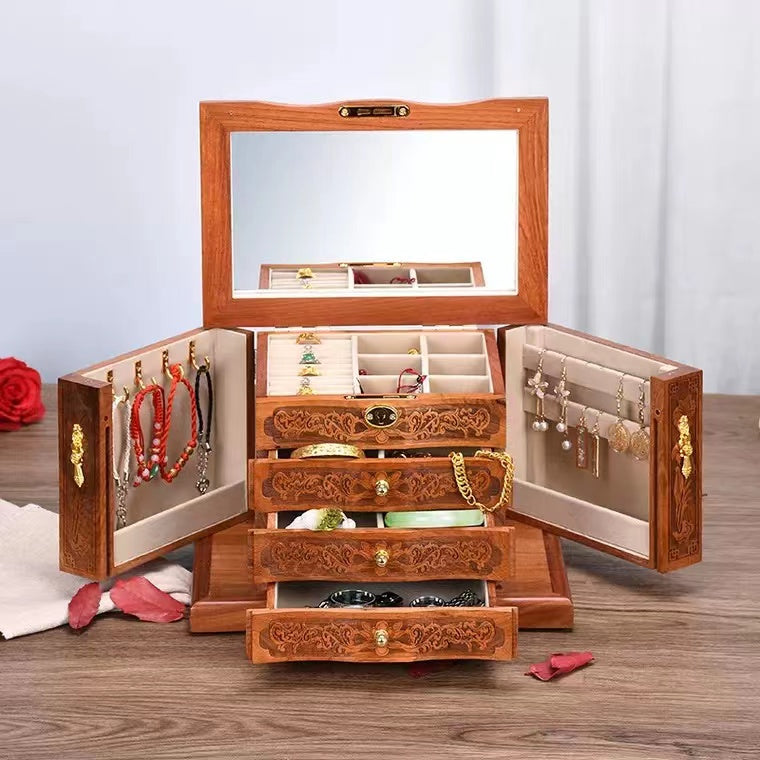 Hand Carved Rosewood 4 Layers Jewelry Box Organizer . Built-in Mirror and Lock