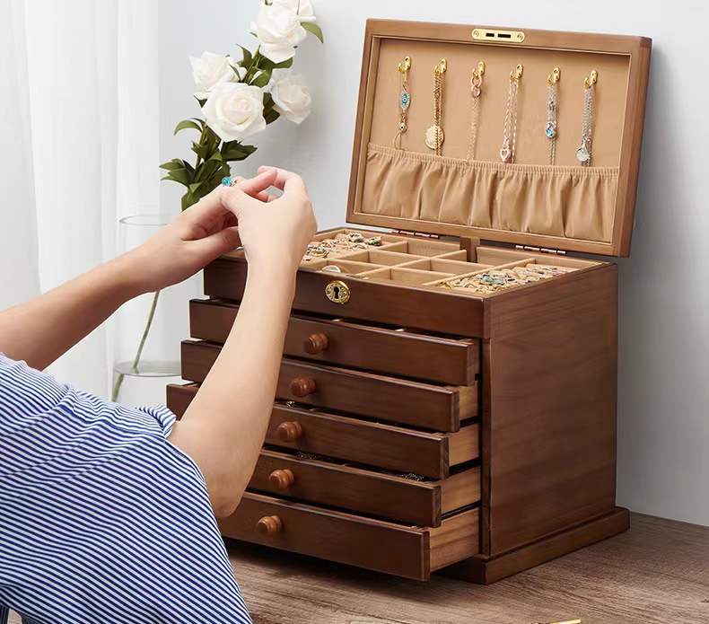 Large Upgrade Wood 6 Layers Jewelry Box Organizer With Lock And Key