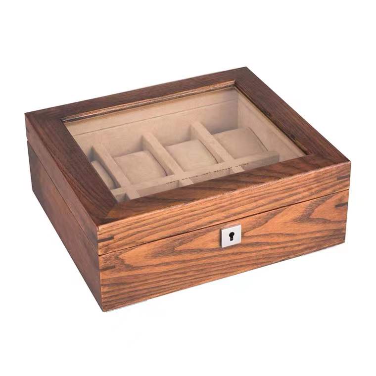 Wooden Watch Organizer 8 Slots With Glass Top, Locking Jewelry Watches Holder