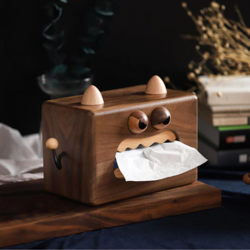 Little Monster Shaped Walnut Wood Tissue Holder Box