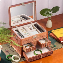 Hand Carved Rosewood & Sandalwood Jewelry Wooden Box Organizer With Lock And Mirror