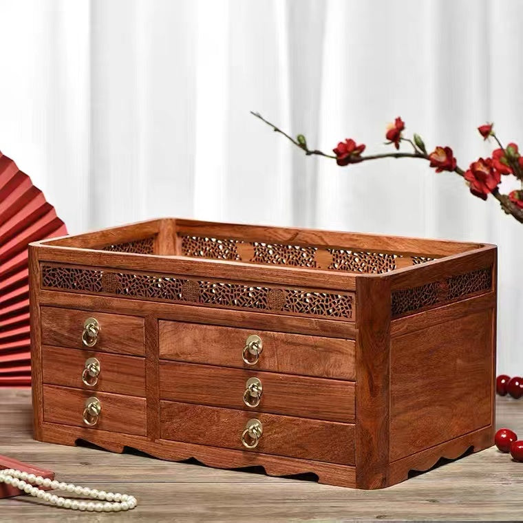 Hand Carved Rosewood 3 Layers Jewellery Wooden Box Organizer With 6 Drawers
