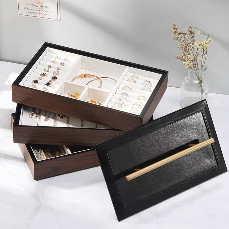 Brass Luxury Large Walnut  Wooden 3 Layers Jewelry Box - Nillishome