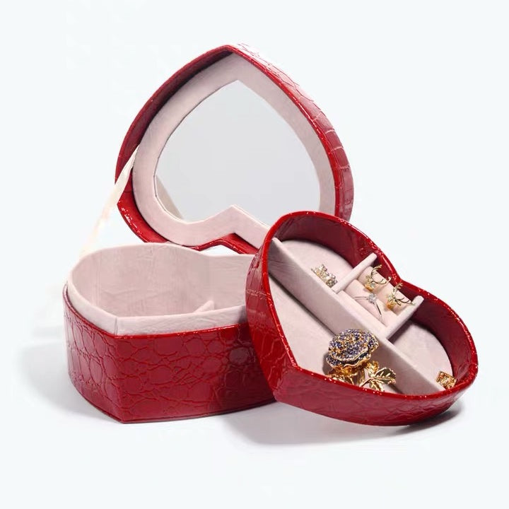 Portable Box Gift Red Heart Shape 2 Layers Jewelry Box Organizer  With Mirror - Nillishome