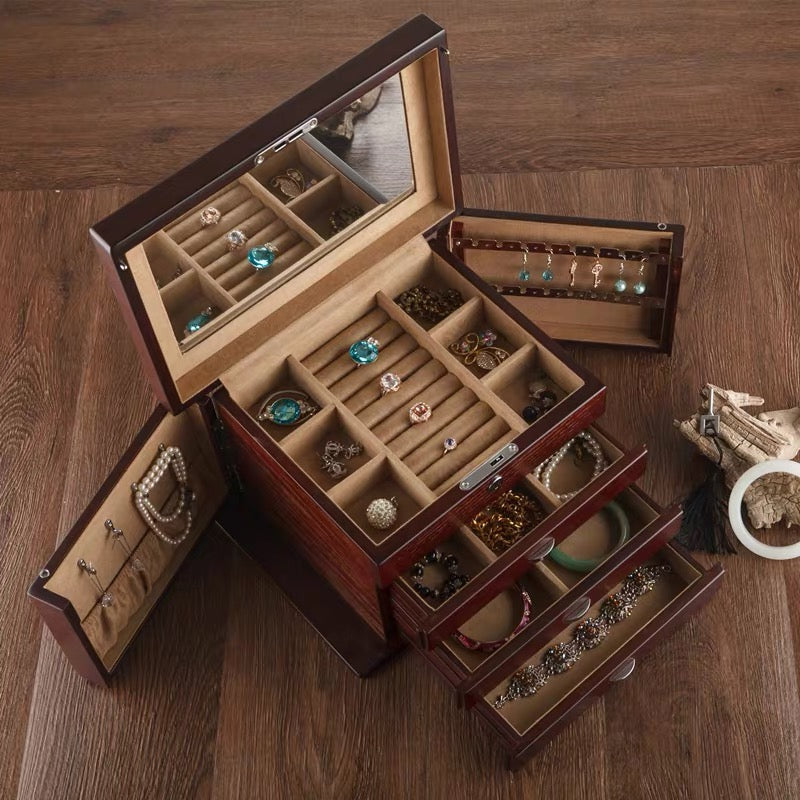 Handmade Large Wooden 4 Layers Jewelry Box, Built-in Mirror and Lock V ...