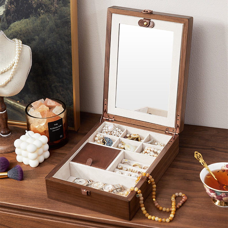 The Hand Embossed Design Walnut Wood Jewelry Box Organizer With Mirror