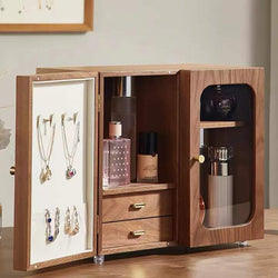 Double Door Design Large Real Wooden Makeup Organizer Jewelry Box With Mirror