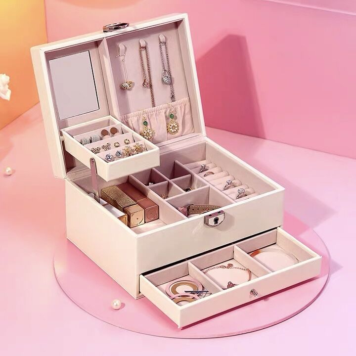 3-Layer Lockable Jewelry Box With Drawer, Velvet Lined Organizer For Earrings And Jewelry Gift For Women 3-Layer Lockable Jewelry Box With Drawer, Velvet Lined Organizer For Earrings And Jewelry Gift For Women