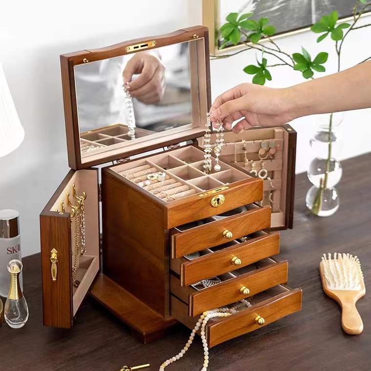 Hardwood Large Wooden Jewelry Box Organizer with Mirror and Lock. Swing-Out Sides Jewelry Box