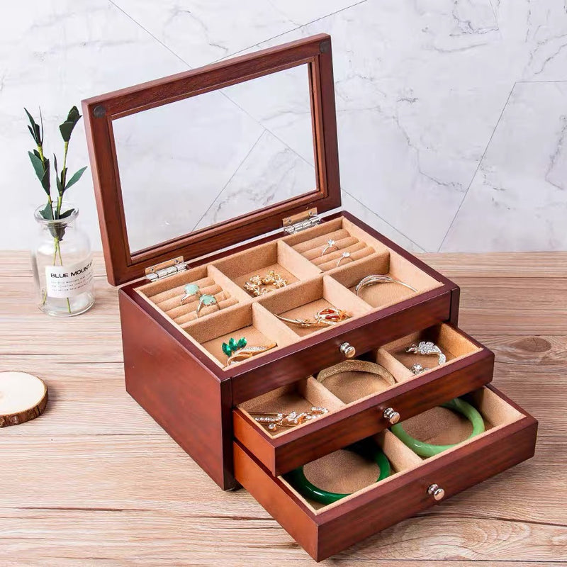 3 Layers Wooden Jewelry Storage Box Cosmetic Organizer - Nillishome