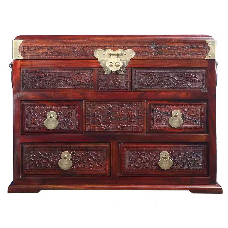 Hand Carved Red Sandalwood 4 Layers Jewelry Wooden Box Organizer  With A Key Lock