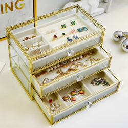 Metal glass jewelry cosmetics storage box with cream velvet tray 3 layers - Nillishome