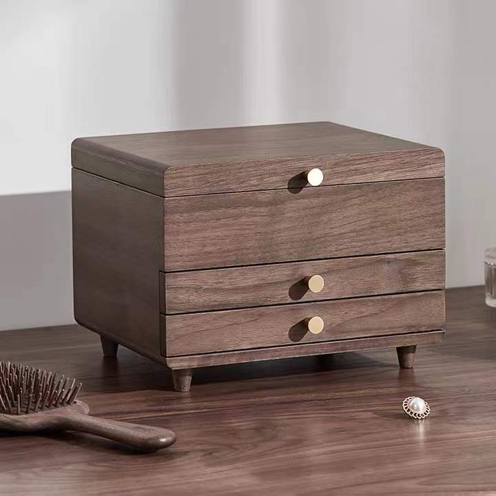 Walnut Wooden 4 Layers Jewelry Box Jewelry Storage Case With Mirror